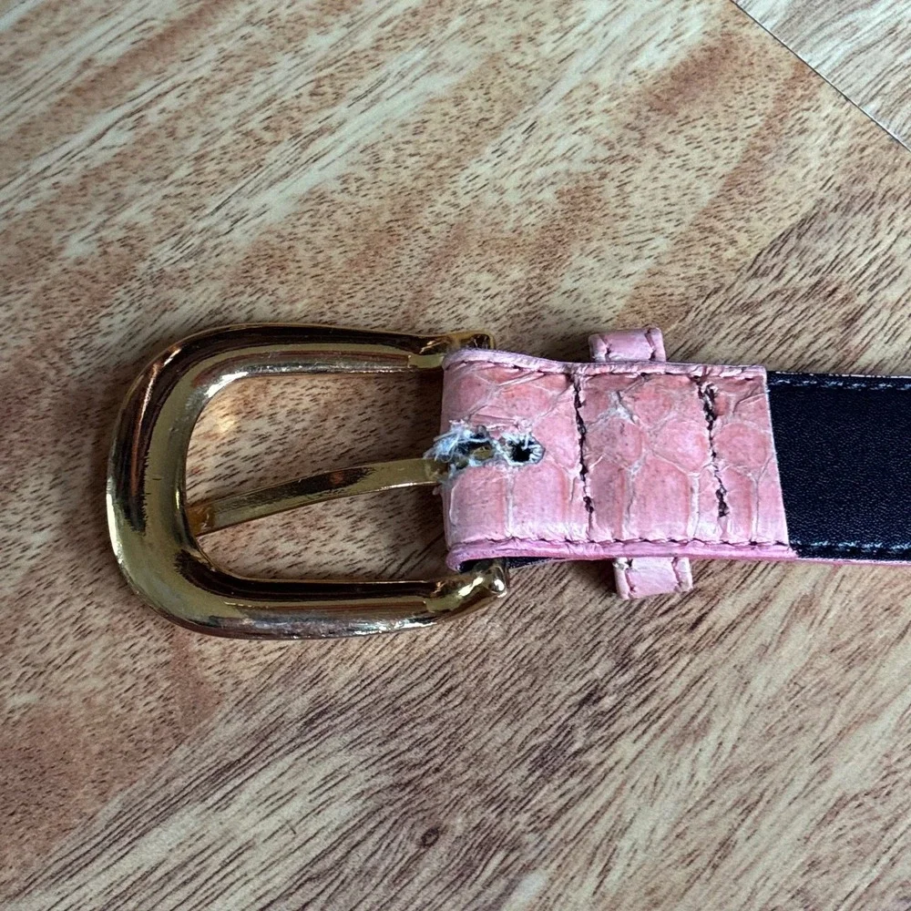 Vtg Pink Genuine Snakeskin Skinny Belt Gold Buckle Large Exotic Reptile Leather